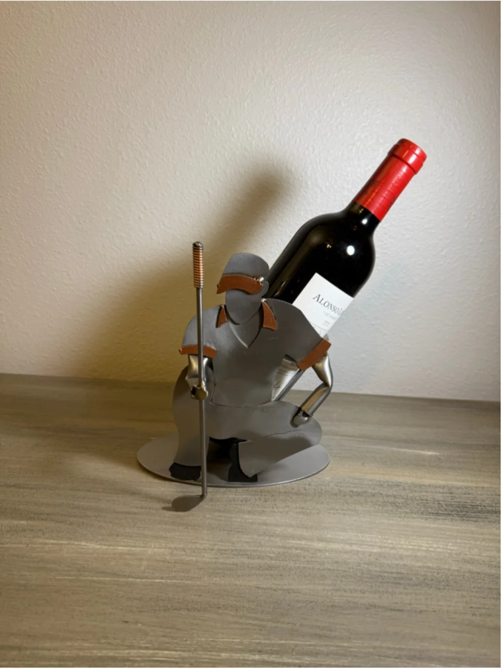 Handcrafted Metal Golfer Wine Bottle Holder Sculpture – Sports Bar Decor Caddy